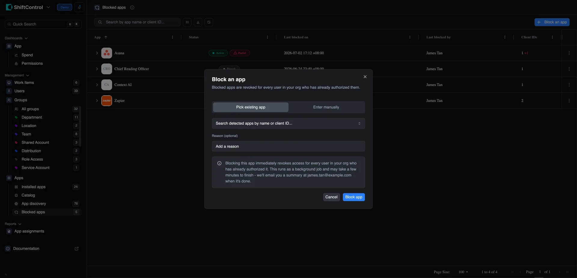 The Block an app modal with the Pick existing app and Enter manually tabs and the optional reason field