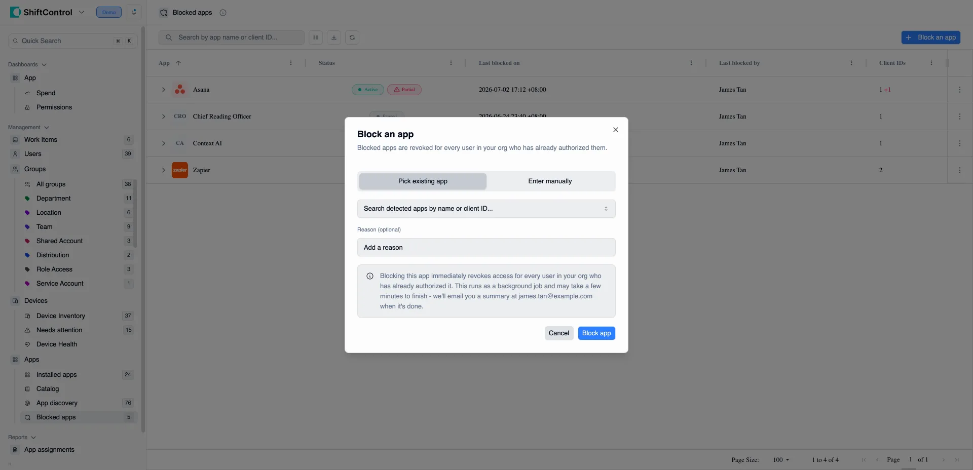 The Block an app modal with the Pick existing app and Enter manually tabs and the optional reason field