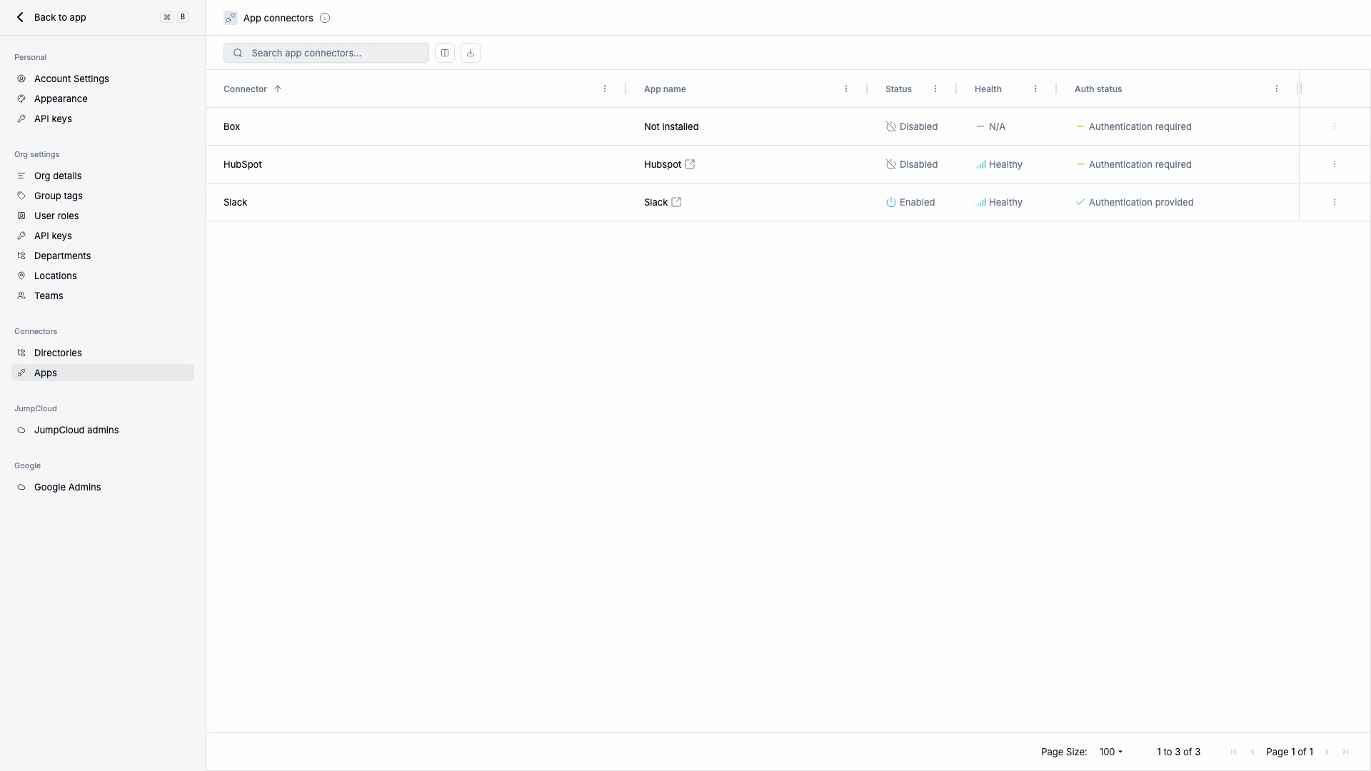 App connectors list view