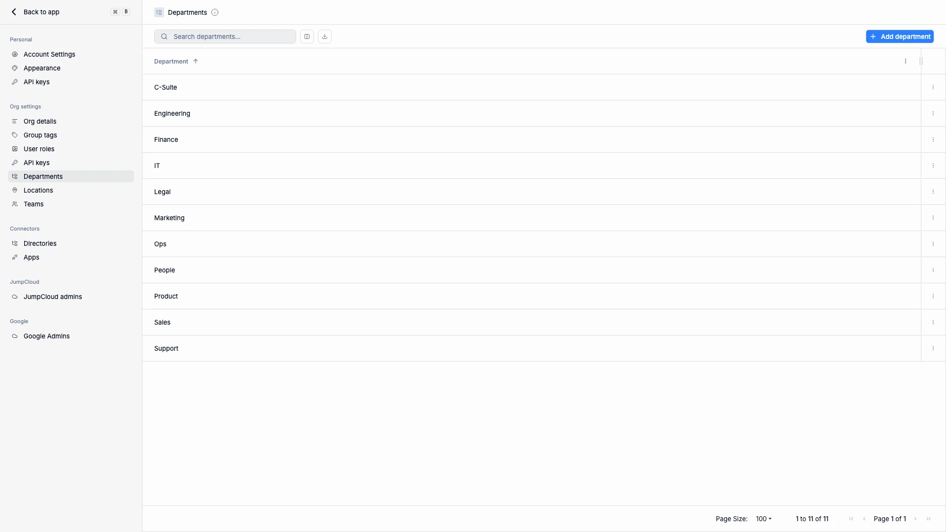 Departments list view